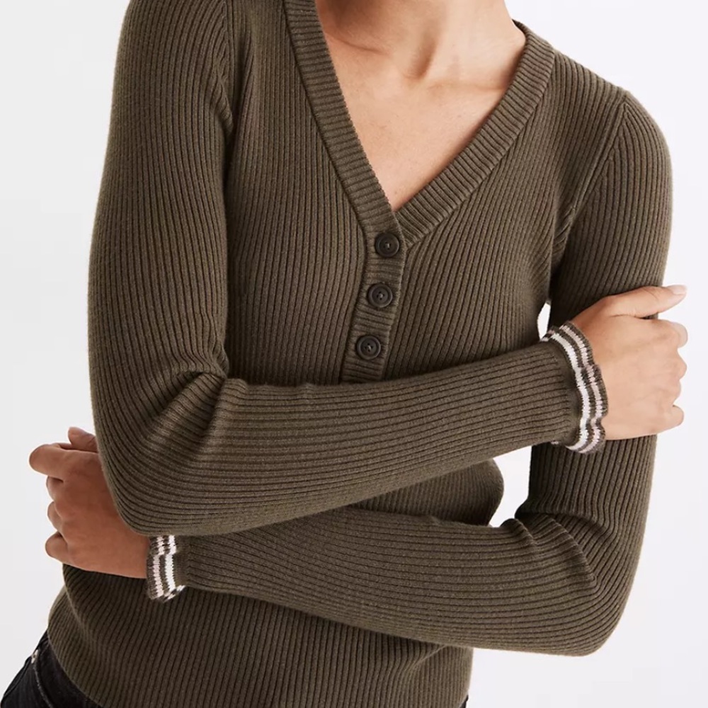 Madewell Olive Green Cashmere Blend Ribbed Ruffle-Cuff Henley Sweater